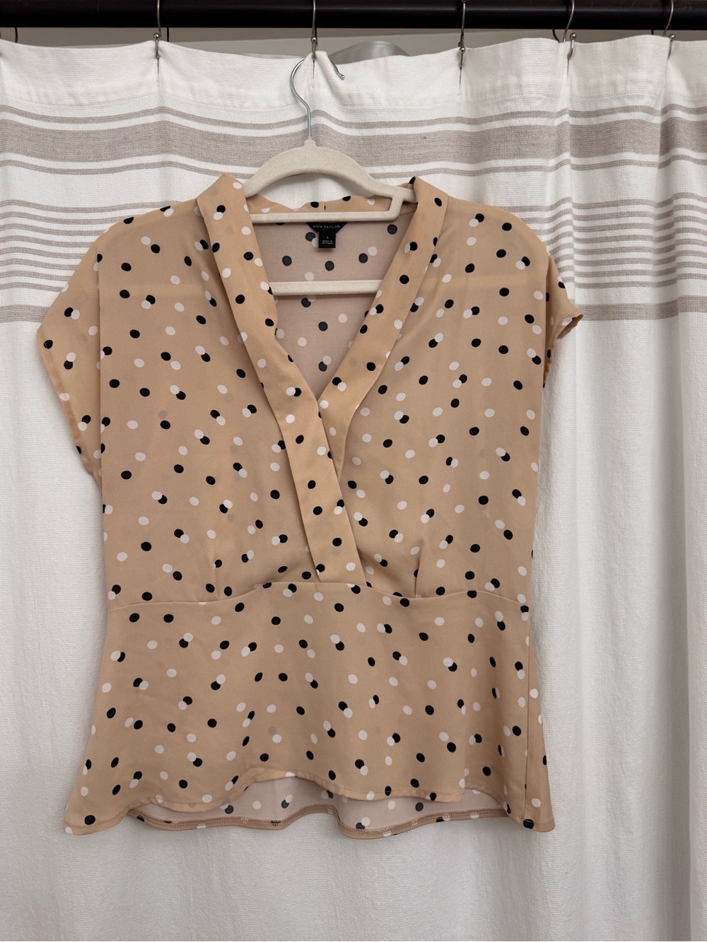 Ann Taylor Polka Dot V-Neck Peplum Blouse - Beige